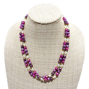 Double strand beaded necklace purples & pink clear faceted beads retro romantic